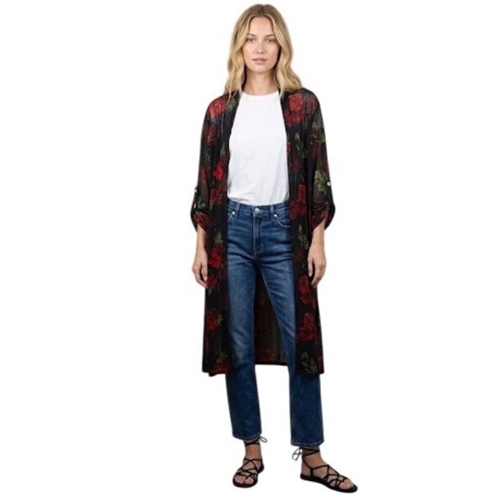 Floral Kimono Cardigan Womens Size S/M Black Red Rose Sheer Whimsigoth Boho